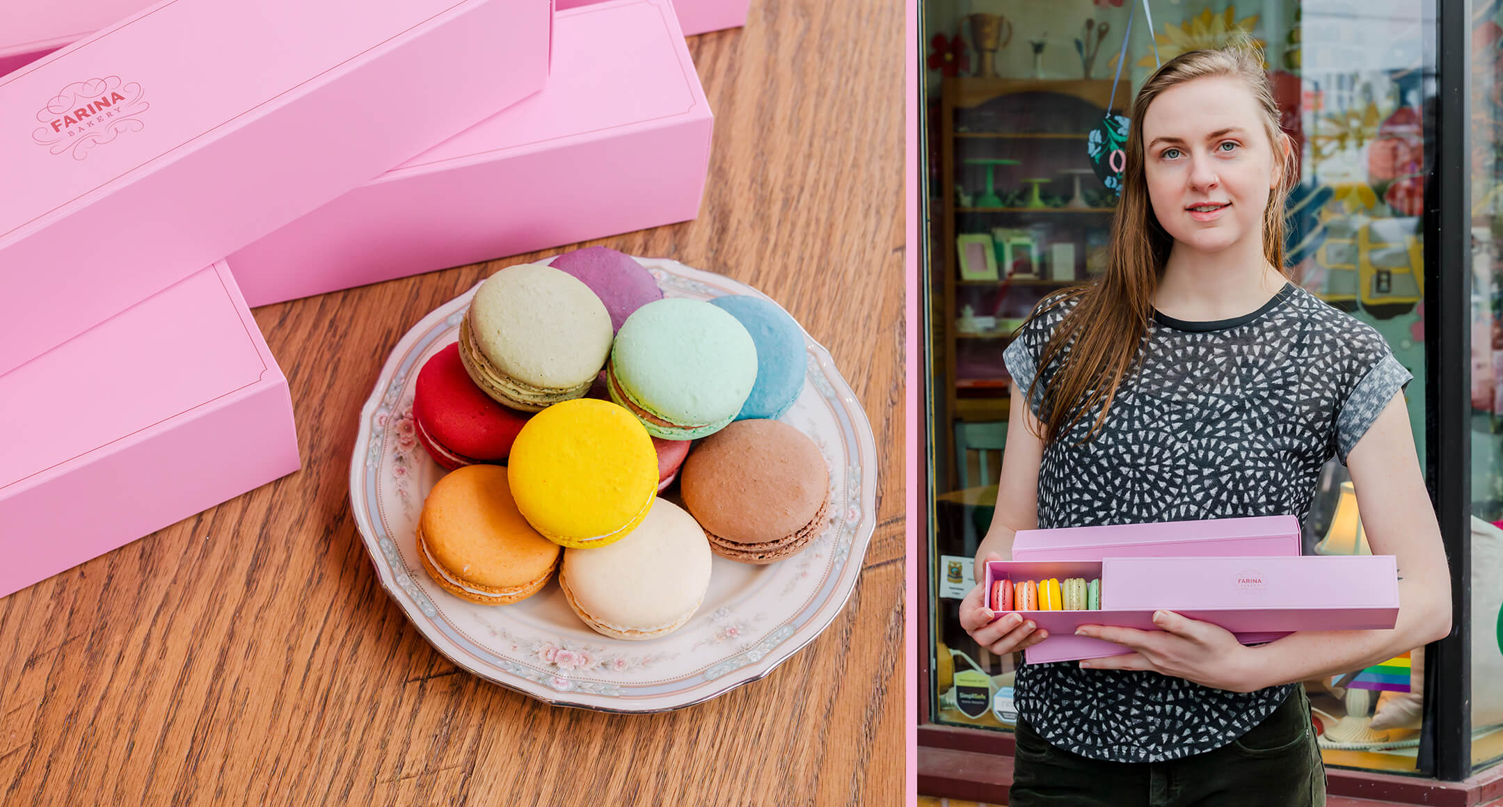 A plate of colorful Farina Bakery macarons and a person holding a giftbox of Farina Bakery macarons.