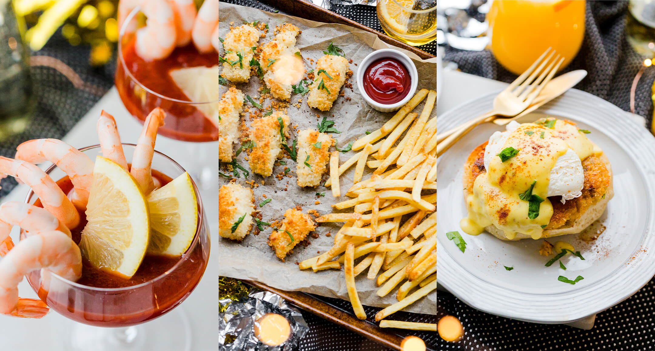 Sheet-pan fish sticks and fries, shrimp cocktail, and crab eggs Benedict
