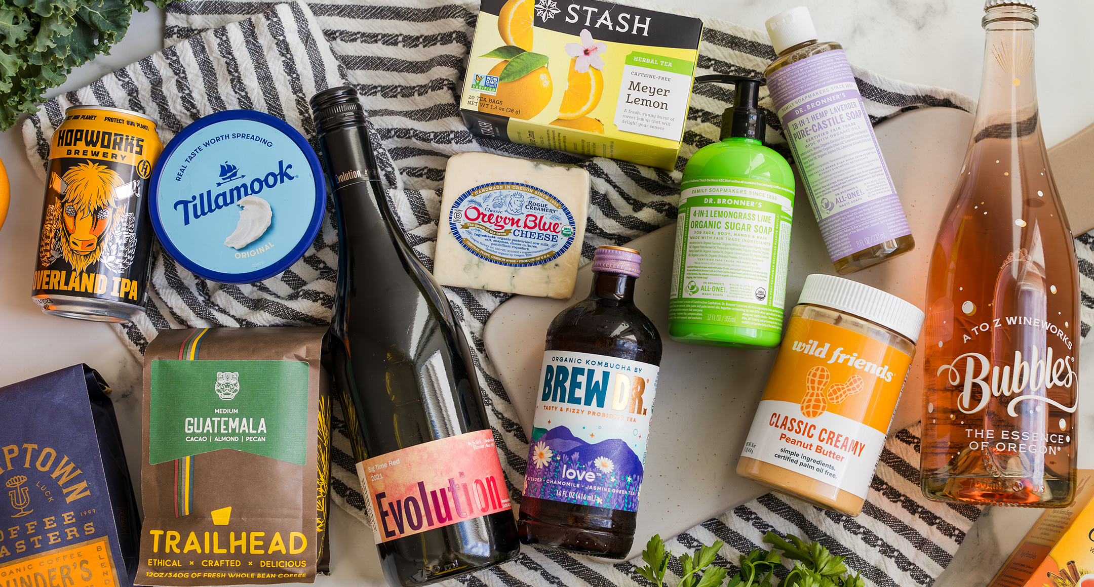 An array of B Corp products arranged on a countertop. 
