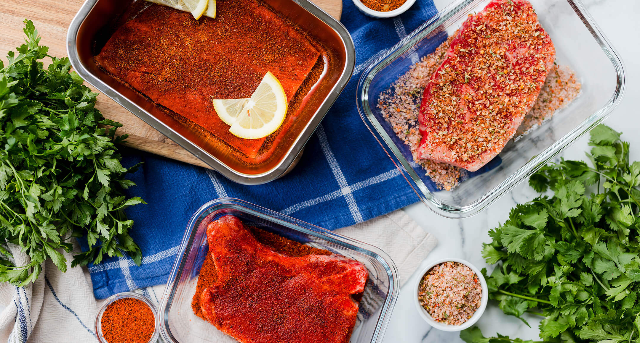 beef, pork and fish coated in various spice blends