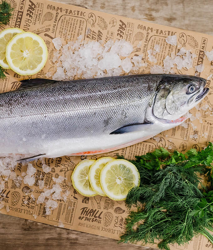 a whole coho salmon on a piece of butcher paper with ice, sliced lemons, and herbs