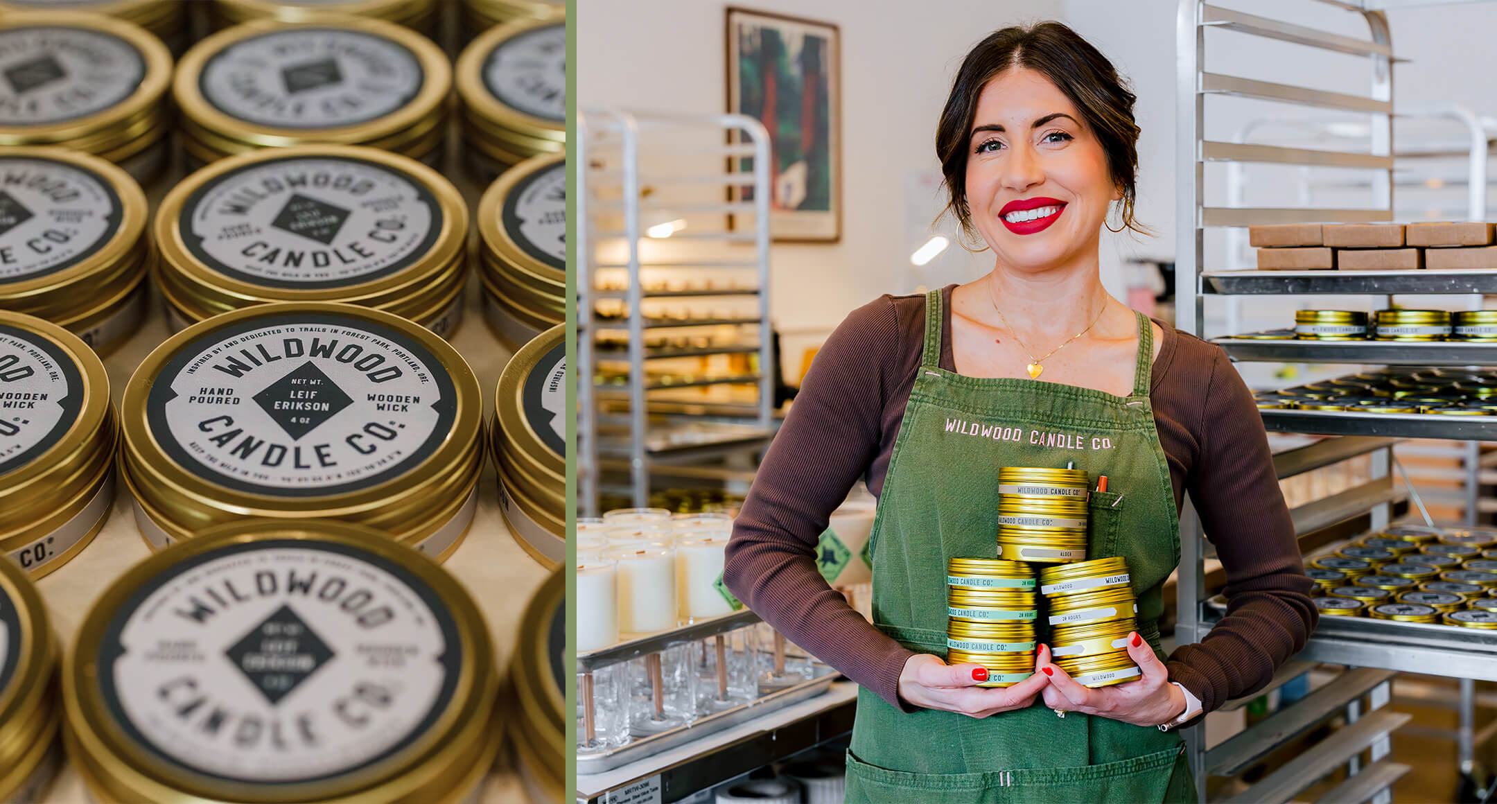 Kylie Antolini, owner of Wildwood Candle Co. in Portland holding candles.