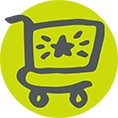 Illustrated icon of a grocery cart with a star and wheels.