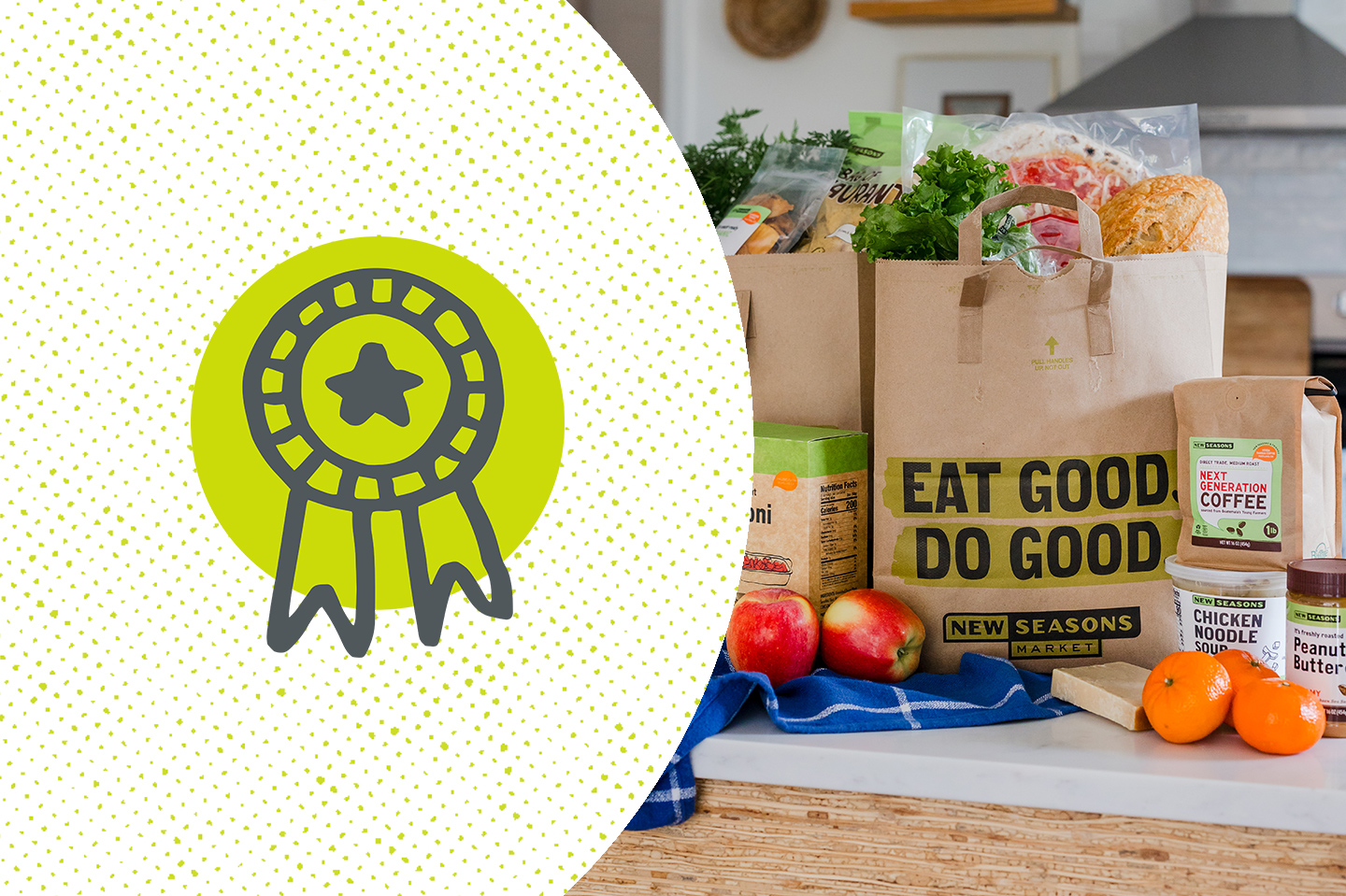 an illustration of an award ribbon with a star overlaying a picture of a paper grocery bag with fruits and other pantry items arranged on a kitchen counter