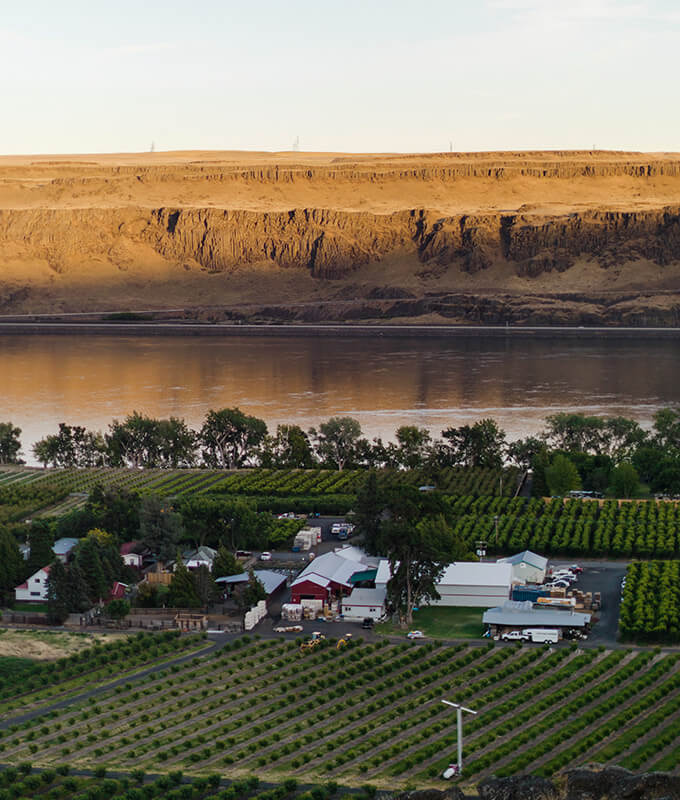 a far away shot of a farm with a river in the background
